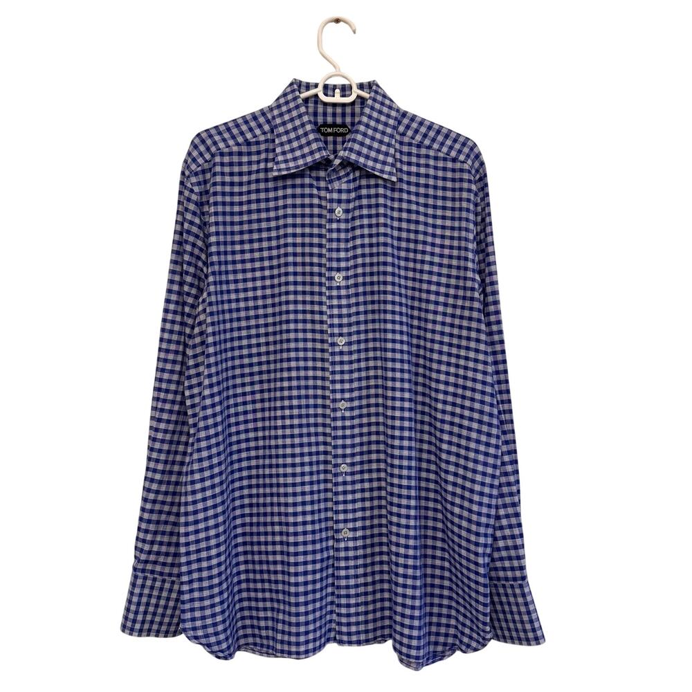 TOM FORD Blue Gingham Check LS Button Up Dress Shirt Designer Menswear ITALY 17